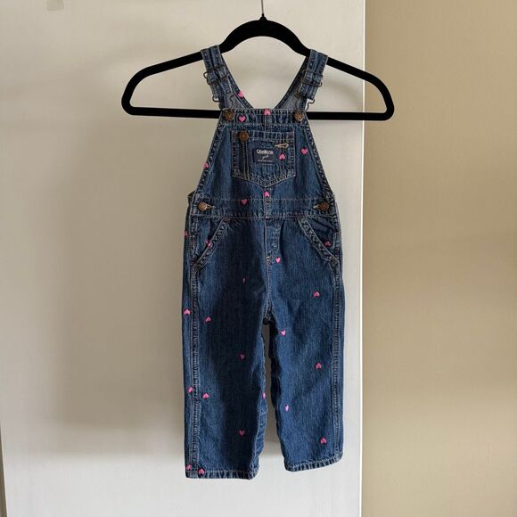 Vintage Oshkosh Toddler Denim Jean Overalls Pink Embroidered Hearts Girls 24M - Picture 1 of 12